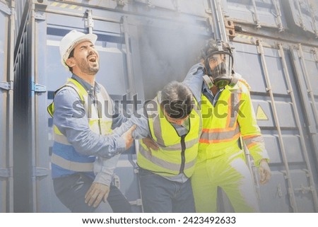 Team male rescue workers PPE uniforms wearing gas mask protect against accidental leaks toxic fumes dangerous gases pungent odor keep workers unconscious safe from dangerous toxins inside container.