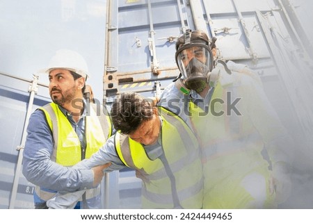 Team male rescue workers PPE uniforms wearing gas mask protect against accidental leaks toxic fumes dangerous gases pungent odor keep workers unconscious safe from dangerous toxins inside container.