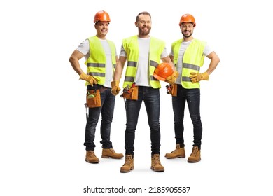 Team of male site engineers with safety vests and helmets isolated on white background - Shutterstock ID 2185905587