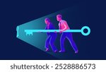 Team, man and woman in business attire pushing giant key into keyhole. Unlocking the door to success. Conceptual design. Concept of business, teamwork, collaboration, challenges, progress, achievement