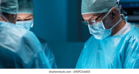 Team of medical doctors performs surgical operation in modern operating room using high-tech technology. Surgeons are working to save the patient in the hospital. Medicine, health and science. - Powered by Shutterstock