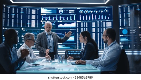 Team of Medical Professionals Having a Meeting in a Research and Development Science Laboratory. Diverse Group of Scientists Discussing New Trial Drug Treatment Results on Big Digital Screen