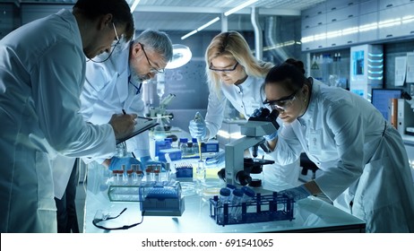 Team of Medical Research Scientists Collectively Working on a New Generation Experimental Drug Treatment. Laboratory Looks Busy, Bright and Modern. - Shutterstock ID 691541065