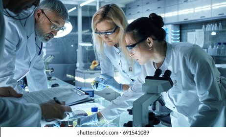 Team of Medical Research Scientists Work on a New Generation Disease Cure. They use Microscope, Test Tubes, Data Implementing Technology. Laboratory Looks Busy, Bright and Modern. - Powered by Shutterstock