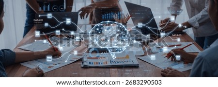 Team members engage in collaborative data analysis while visualizing insights using a digital brain concept, contributing to strategic business decisions and growth. Trope