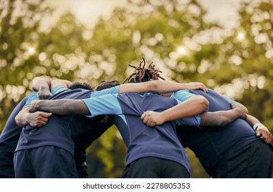 Team, men and huddle in sports for support, motivation or goals for coordination outdoors. Sport group and rugby scrum together for fitness, teamwork or success in collaboration before match or game - Powered by Shutterstock