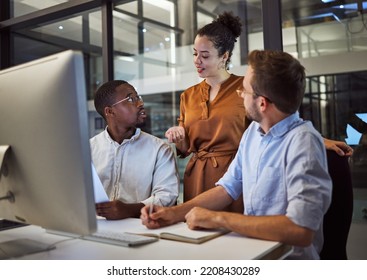 Team, office and computer planning for strategy, vision or goal in business while brainstorming in overtime. Collaboration, teamwork and meeting at desk for innovation, motivation or idea at work - Shutterstock ID 2208430289