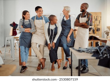 Team, people and fashion designer in studio with diversity, confidence and pride for clothing in workshop. Together, happiness and collaboration as professional tailor for coworking in small business - Powered by Shutterstock