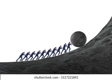 Team of people pushing stone uphill