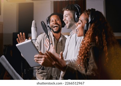 Team, people in recording studio singing and mic, sound equipment with music and artist, diversity and collaboration. Audio, headphones and musician group with tablet, record label and creativity - Powered by Shutterstock