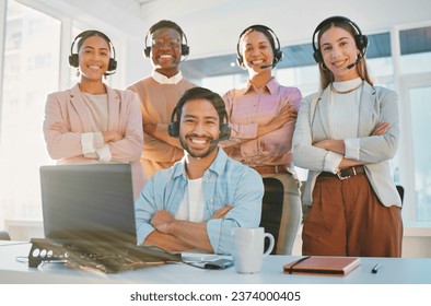 Team, portrait and call center consultant group with arms crossed, contact us with headphones and help desk. Professional people smile, diversity and customer service with support, trust and advice - Powered by Shutterstock