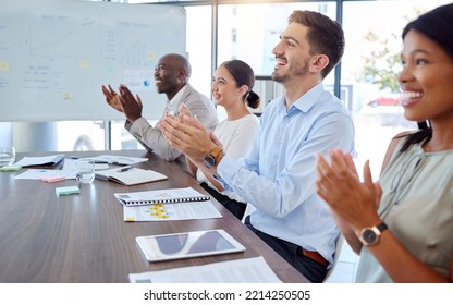 Team Presentation Success, Company Applause Or Happy Workers With Support, Smile Or Motivation In Office. Team Building, Collaboration Or Diversity For Award On Creative Strategy Or Marketing Growth