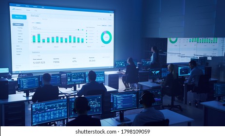 Team of Professional Big Data Business Traders Work on Desktops with Screens Showing Charts, Graphs, Infographics, Technical Neural Data and Statistics. Low Key Control and Monitoring Room.