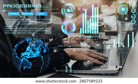 Team of professionals analyzing data and graphs on digital screens in a modern office setting.