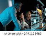 Team Of Professionals Analyzing Digital Data On Futuristic Screen, Collaborative Work Environment. Innovative Technology, Business Strategy, Data Analysis, Advanced Analytics, Teamwork