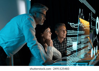 Team Of Professionals Analyzing Digital Data On Futuristic Screen, Collaborative Work Environment. Innovative Technology, Business Strategy, Data Analysis, Advanced Analytics, Teamwork - Powered by Shutterstock