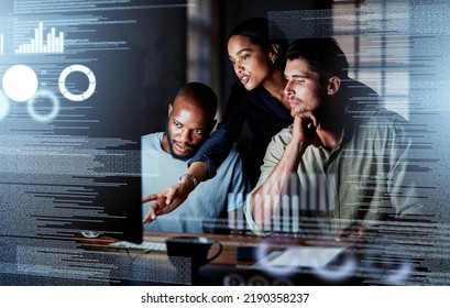 Team of programmers writing digital code in the metaverse and working together on the internet. Group of web designers developing a cybersecurity website, app or software late at night in the office - Shutterstock ID 2190358237