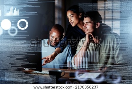 Team of programmers writing digital code in the metaverse and working together on the internet. Group of web designers developing a cybersecurity website, app or software late at night in the office