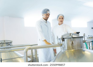 Team of quality control officers or factory engineers are inspecting inside the beverage manufacturing facility. Man and woman engineers working in a food production factory. - Powered by Shutterstock