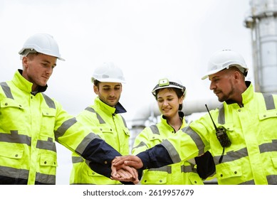 Team of refinery engineers joining hands together in front of an oil refinery, symbolizing teamwork, unity, and collaboration in the industrial energy sector. Wearing safety gear and protective clothi