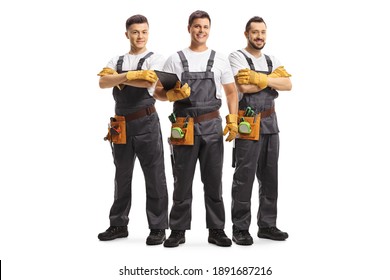 Team of repairmen in uniforms isolated on white background