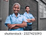 Team, security guard or safety officer portrait on the street for protection, patrol or watch. Law enforcement, smile and duty with a crime prevention unit man and woman in uniform in the city