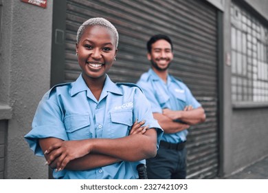 Team, security guard or safety officer portrait on the street for protection, patrol or watch. Law enforcement, smile and duty with a crime prevention unit man and woman in uniform in the city