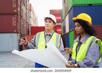 Team of shipyard or logistic engineers are working in the container yard together. Engineers or container workers are examining the blueprint and have a discussion in the container yard.