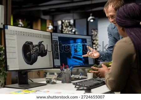 Team of skilled engineers creating Mars based virtual station using AI interface and turbine. Futuristic program processing data with machine learning and automation to optimize game design.