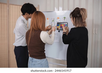 A team of software developers brainstormed to design a smartphone application by planning on a whiteboard and using it to develop the application system.