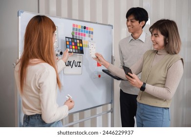 A team of software developers brainstormed to design a smartphone application by planning on a whiteboard and using it to develop the application system.