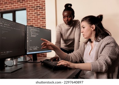 Team of software developers talking about programming in it development agency. Artificial intelligence cloud programers compiling app language innovating online server algorithms.