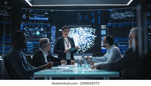 Team of Software Development Engineers Having a Meeting in an Artificial Intelligence Research Center. Diverse Group of Professional Programmers Discussing Internet Opportunities for the AI Tool