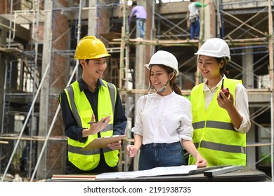 Team Of Specialists Inspecting Industrial Building Construction Site With Civil Engineer. Distribution Center And Logistic Industry Concept