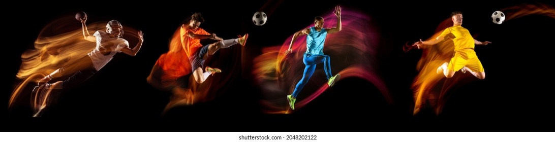 Team sports. Collage of images of professional soccer and american football players in motion and action isolated on dark background in neon mixed light. Concept of sport, action, motion, team, ad - Powered by Shutterstock