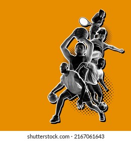 Team sports games. Football, soccer, basketball and tennis players. Sport collage. Poster graphics. Sportive people isolated on dark orange background. Concept of sport, action, art, creativity.