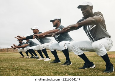 Team, stretching and baseball players for game, exercise and baseball in sportswear on field. Workout, squat and group for match prepare, wellness and fitness being being focus on baseball field - Powered by Shutterstock