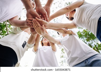 Team of student volunteers stacking hands to show support and unity before starting cleaning college campus - Shutterstock ID 1655043871
