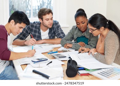 Team, students and reading book in college for education, knowledge or brainstorming together. University, group and people writing notes for information, learning and help for math exam in class