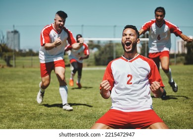 Team, Success And Winner By Soccer Player Celebration During Game At Soccer Field, Happy, Cheering And Victory. Sport, Achievement And Goal By Football Team Running And Celebrating Football Field Win