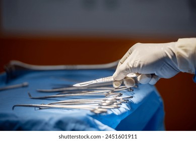 Team of surgery doctor in Operating Room hold hands scalpel surgical blade give to Surgeons During Operation. surgeons assistance in green gown coat give scalpel surgical blade to doctor - Powered by Shutterstock