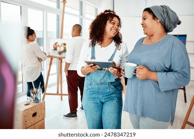 Team, talking and women in painting class with tablet for research, online inspiration and creative project or hobby. Friends, conversation and tech in art workshop with talent, browsing and bonding - Powered by Shutterstock