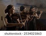 Team of three music players with classic wooden violins. Trio as band plays sounds of acoustic melody by bow. Amazing work of gorgeous women as orchestral violinists indoors at room of famous theater