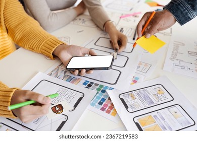 team of UI UX web designer are working together to develop mobile responsive websites. Mobile Mockup - Powered by Shutterstock