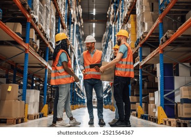 A team of warehouse employees engaged in a consultation with a manager, focusing on strategies to enhance operations. The image highlights teamwork, strategy, and leadership in logistics. - Powered by Shutterstock