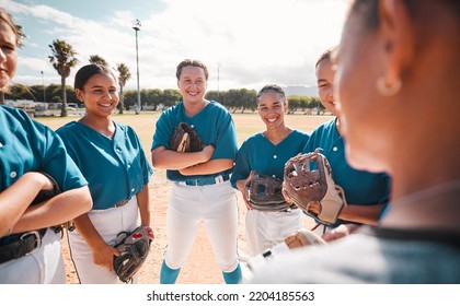 Team of women baseball players, given strategy and motivation by coach to win game. Winning in sport means leadership, teamwork and pride as well as healthy competition for group victory in softball - Powered by Shutterstock