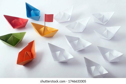Team Work Concept using  different color Origami Paper Boats (ships)
 - Shutterstock ID 1746633305