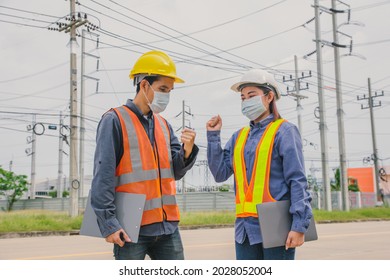 Team work engineer wear face mask out side working inspection  or survey    