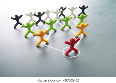 Team Work Organizational Chart Concept, Colorful Dolls On Blackboard.