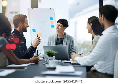 Team work, presentation and meeting with office desk, collaboration and laptop or brainstorming for online project. Employee, working together and research on tech for info, coworking and company - Powered by Shutterstock